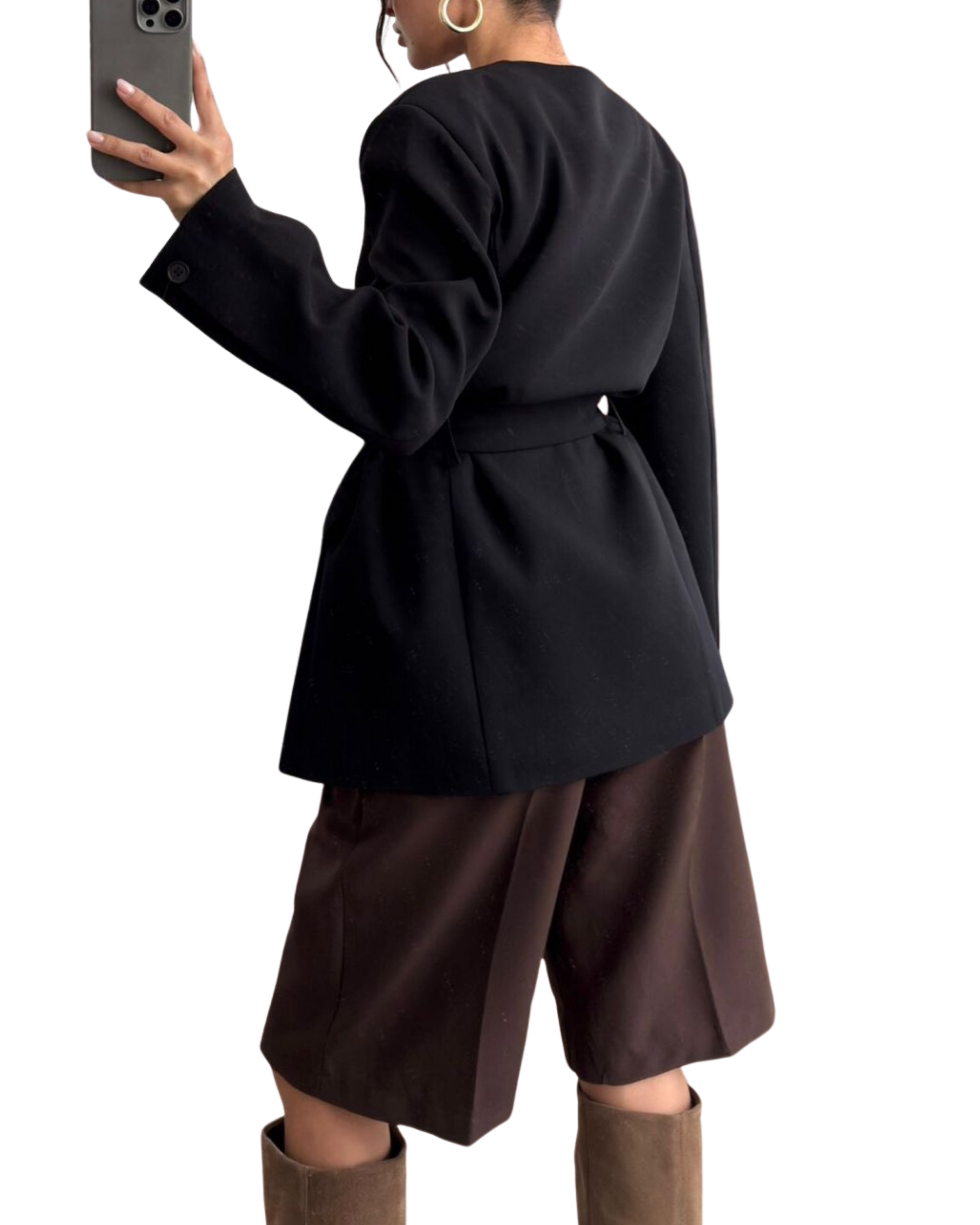 Belted Collarless Blazer Jacket