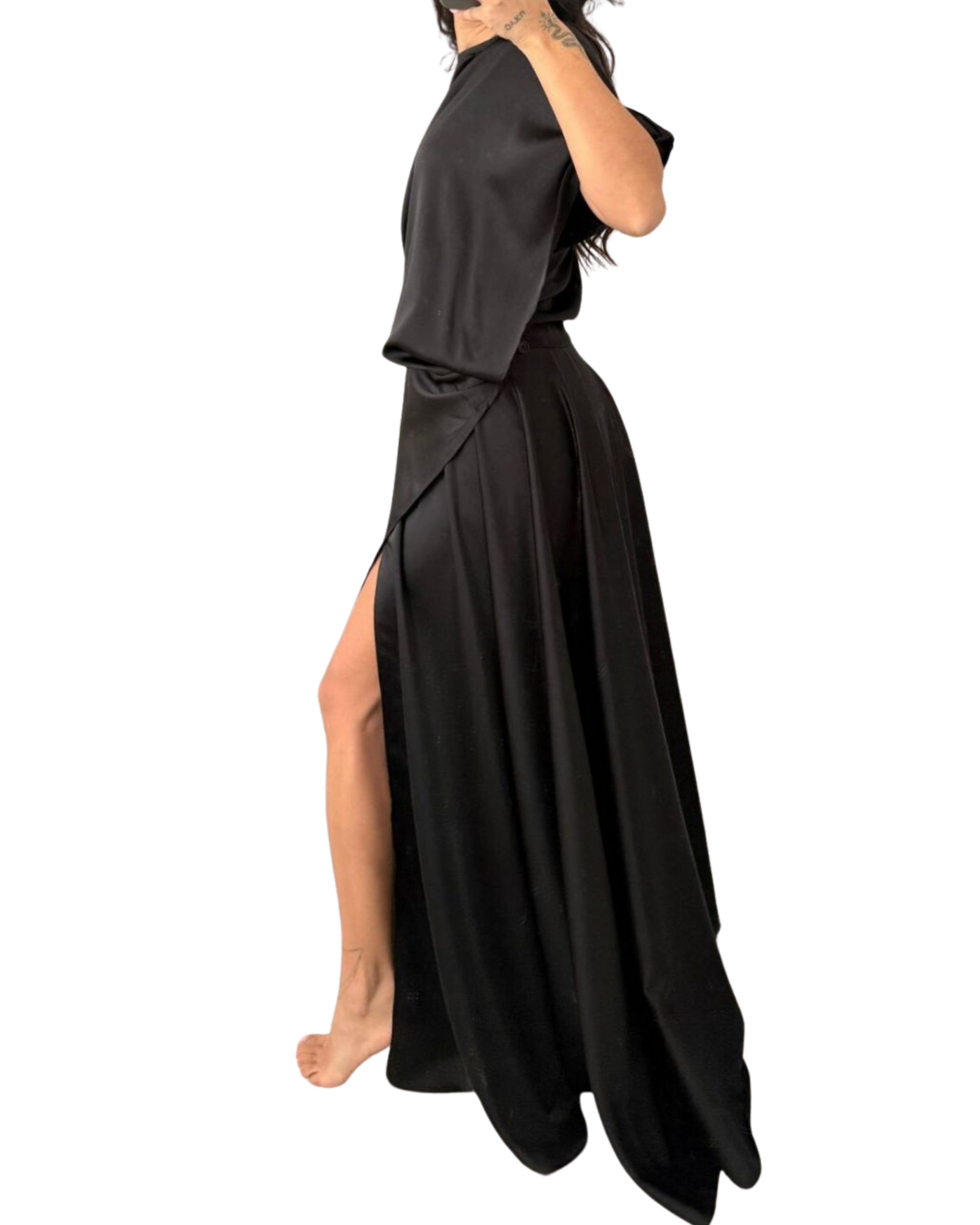 Ous Waist-Fitted Satin Dress with Slit