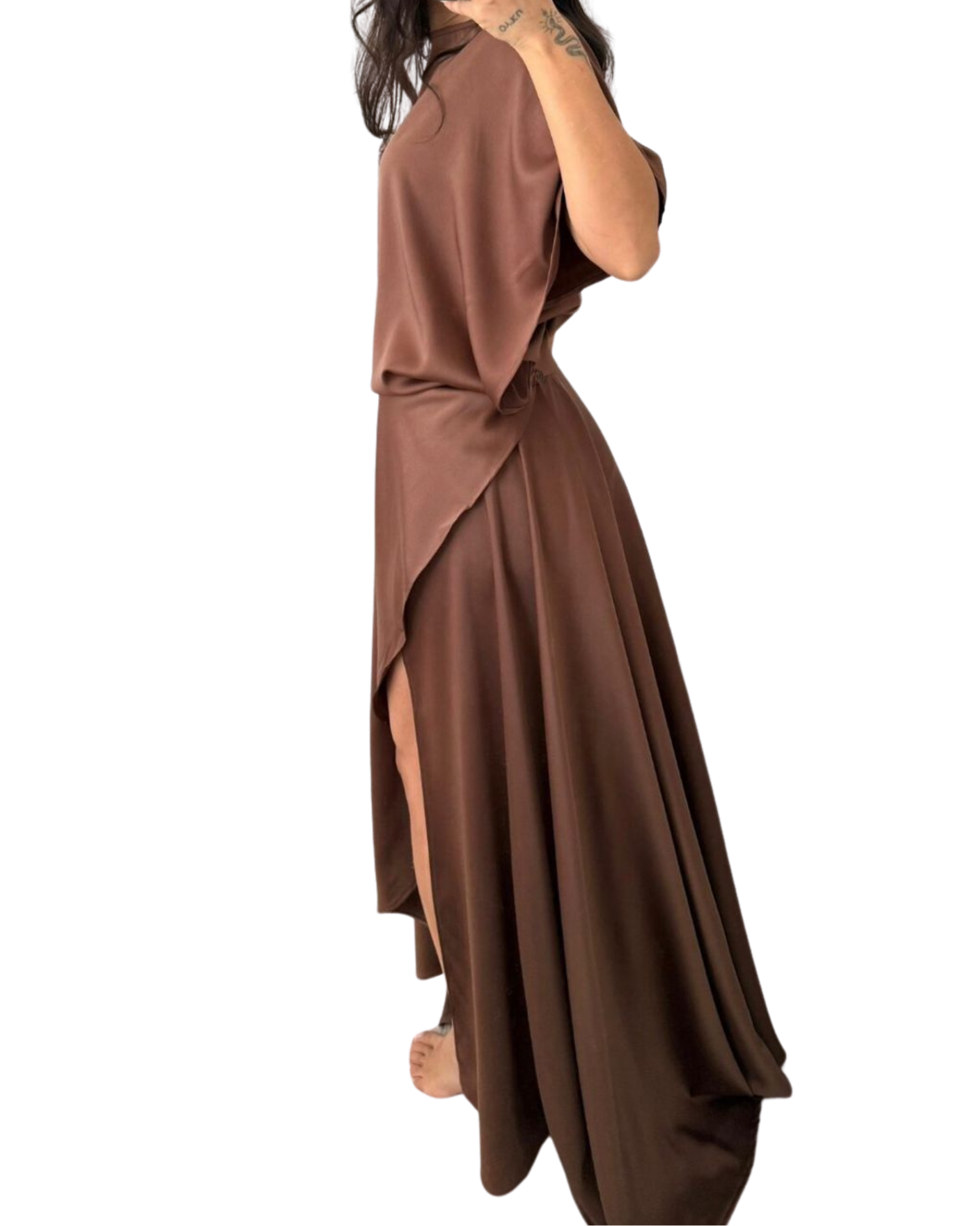 Ous Waist-Fitted Satin Dress with Slit