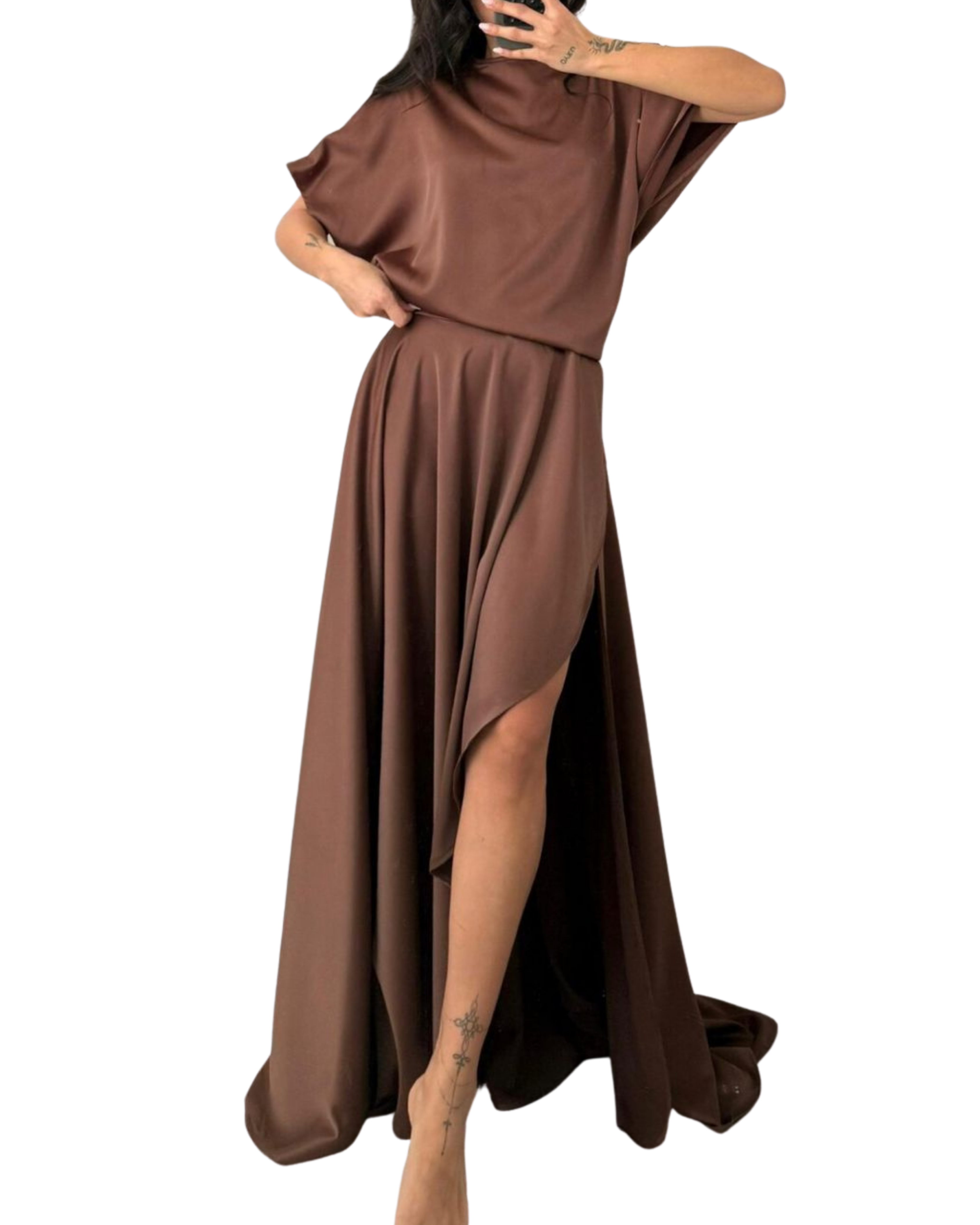 Ous Waist-Fitted Satin Dress with Slit